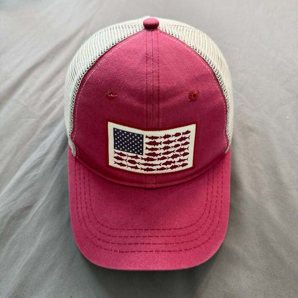 Three In Trucker Hat Cap American Flag Fish Graphic Red White Snapback